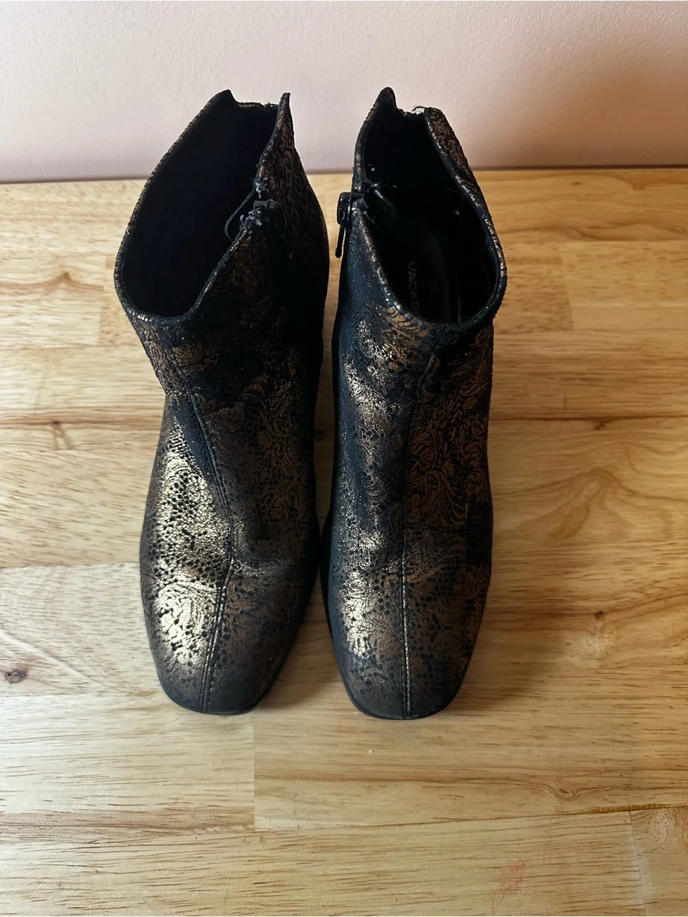 Vagabond Black and Gold Floral Block Heel Ankle Boots